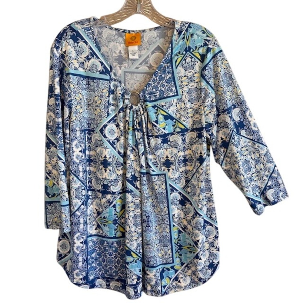 Ruby Rd. Women's Blue & White Paisley Print 3/4 Sleeve Ruched Blouse LG